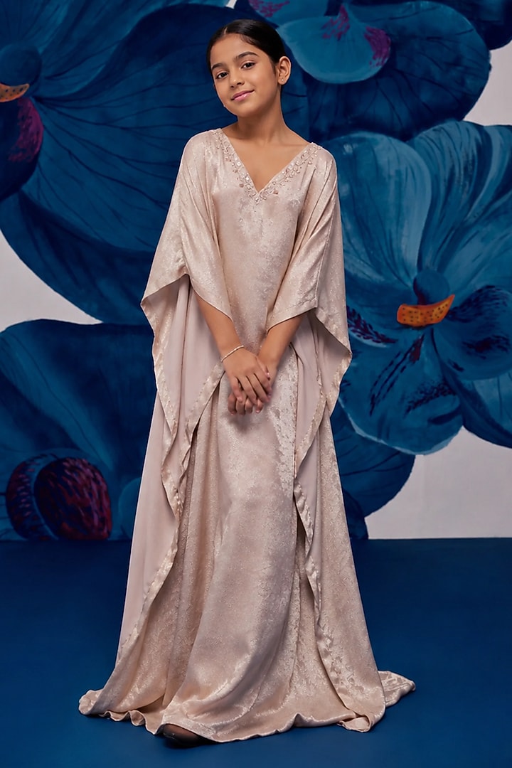 Nude Metallic Satin Aari Embroidered Kaftan For Girls by Zoon Tribe Kids at Pernia's Pop Up Shop