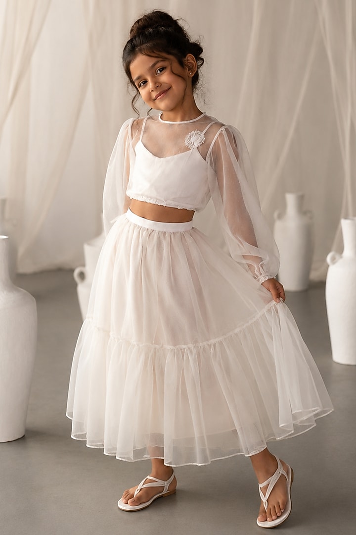 Off White Silk Organza Hand Embroidered Top For Girls by Zoon Tribe Kids at Pernia's Pop Up Shop