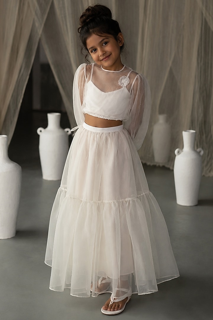 Off White Silk Organza Tiered Skirt For Girls by Zoon Tribe Kids at Pernia's Pop Up Shop