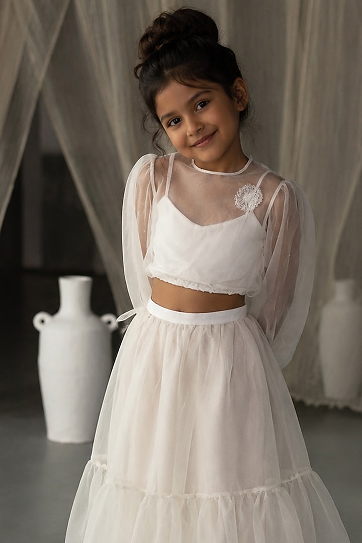 Off White Silk Organza Tiered Skirt For Girls by Zoon Tribe Kids at Pernia's Pop Up Shop