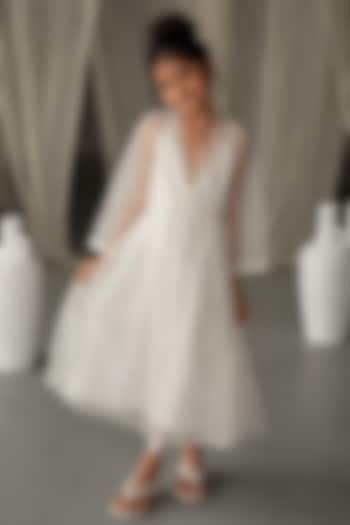Off White Silk Organza Aari Embroidered Sheer Dress For Girls by Zoon Tribe Kids at Pernia's Pop Up Shop