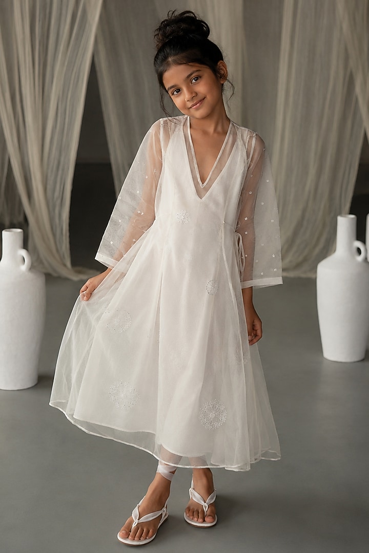Off White Silk Organza Aari Embroidered Sheer Dress For Girls by Zoon Tribe Kids at Pernia's Pop Up Shop