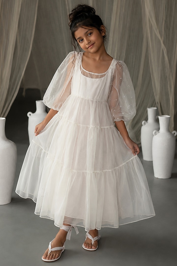 White Silk Organza Aari Embroidered Tiered Dress For Girls by Zoon Tribe Kids at Pernia's Pop Up Shop