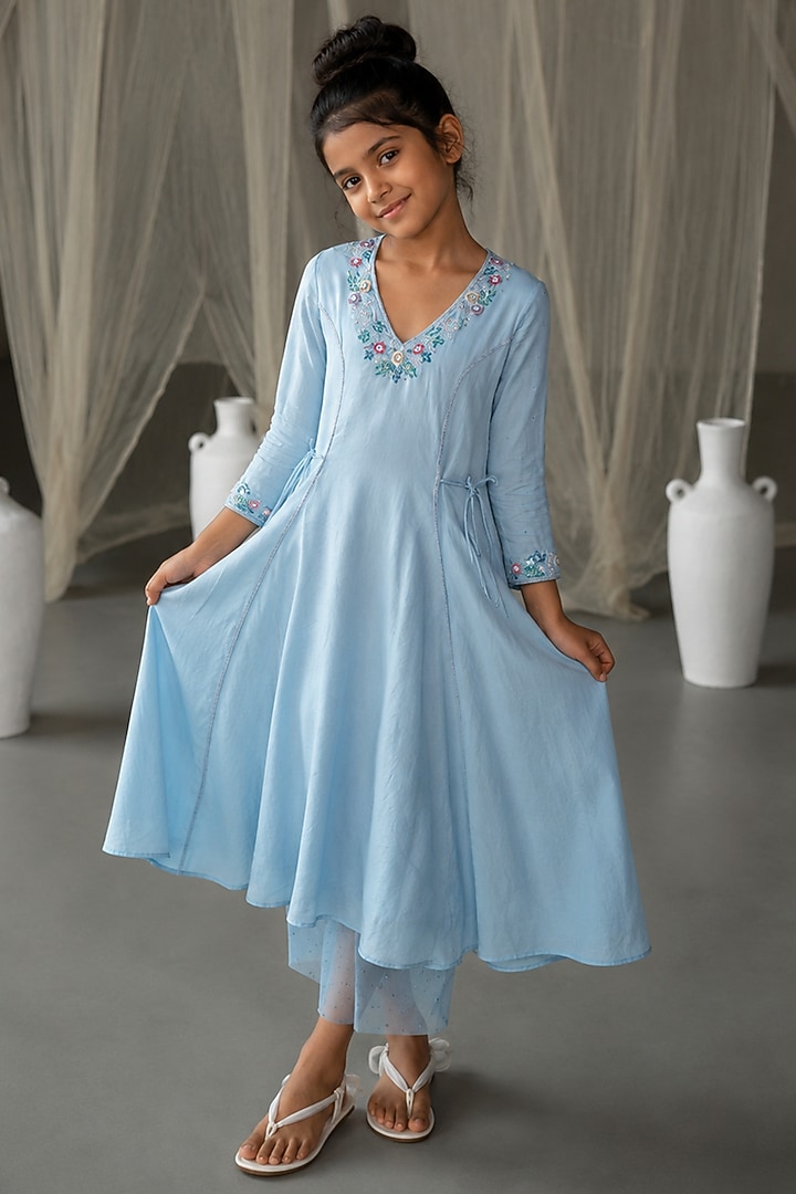 Powder Blue Chanderi Hand Embroidered Anarkali Set For Girls by Zoon Tribe Kids at Pernia's Pop Up Shop