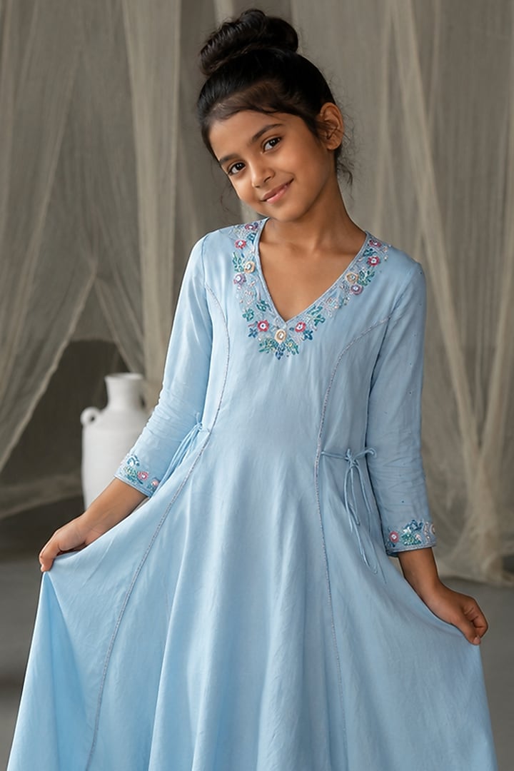 Powder Blue Chanderi Hand Embroidered Anarkali Set For Girls by Zoon Tribe Kids at Pernia's Pop Up Shop
