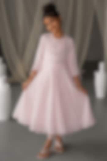 Powder Pink Chanderi Hand Embroidered Anarkali Set For Girls by Zoon Tribe Kids at Pernia's Pop Up Shop