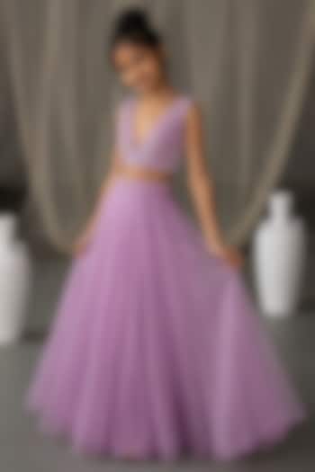 Lilac Silk Organza Hand Embroidered Lehenga Set For Girls by Zoon Tribe Kids at Pernia's Pop Up Shop