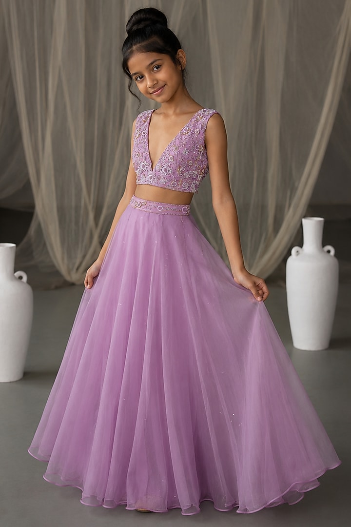 Lilac Silk Organza Hand Embroidered Lehenga Set For Girls by Zoon Tribe Kids at Pernia's Pop Up Shop