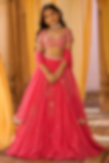 Coral Pink Organza Hand Embroidered Lehenga Set For Girls by Zoon Tribe Kids at Pernia's Pop Up Shop