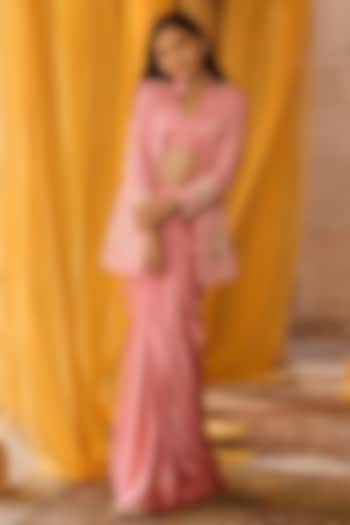 Rose Pink Satin Aari Embroidered Jacket Set For Girls by Zoon Tribe Kids at Pernia's Pop Up Shop