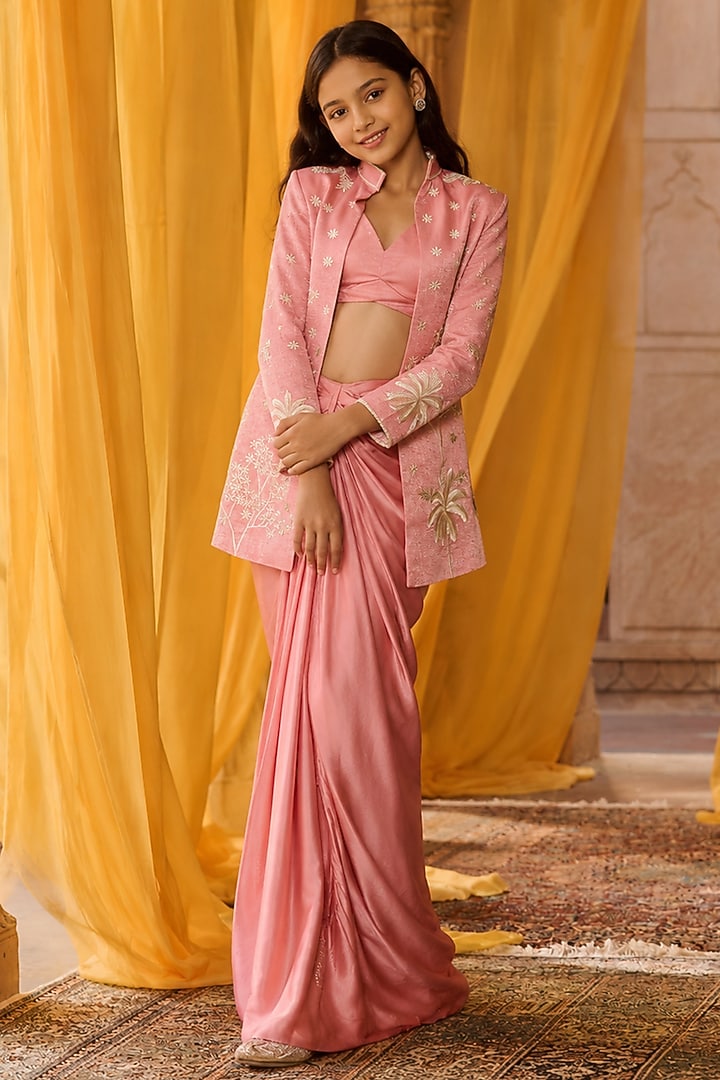 Rose Pink Satin Aari Embroidered Jacket Set For Girls by Zoon Tribe Kids at Pernia's Pop Up Shop
