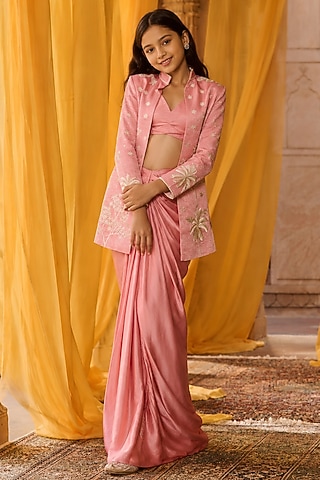 Rose Pink Satin Aari Embroidered Jacket Set For Girls by Zoon Tribe Kids