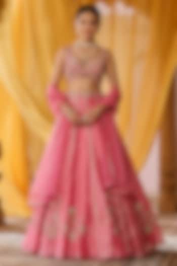Pink Tissue Hand Embroidered Lehenga Set For Girls by Zoon Tribe Kids at Pernia's Pop Up Shop