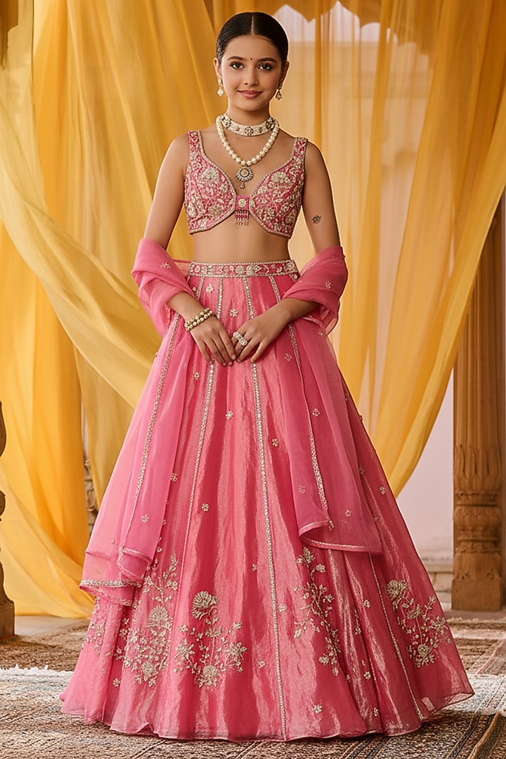 Pink Tissue Hand Embroidered Lehenga Set For Girls by Zoon Tribe Kids at Pernia's Pop Up Shop
