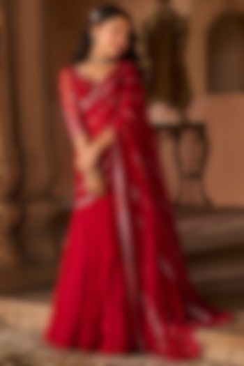 Sindoori Red Organza Hand Embroidered Pre-Stitched Saree Set For Girls by Zoon Tribe Kids at Pernia's Pop Up Shop