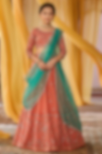 Coral Pure Silk Organza Hand Embroidered Lehenga Set For Girls by Zoon Tribe Kids at Pernia's Pop Up Shop