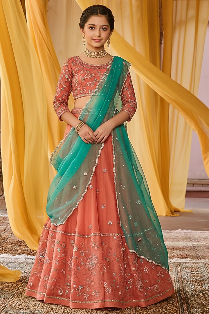 Coral Pure Silk Organza Hand Embroidered Lehenga Set For Girls by Zoon Tribe Kids at Pernia's Pop Up Shop