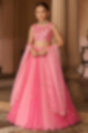 Pink Ombre Pure Silk Organza Hand Embroidered Pleated Lehenga Set For Girls by Zoon Tribe Kids at Pernia's Pop Up Shop