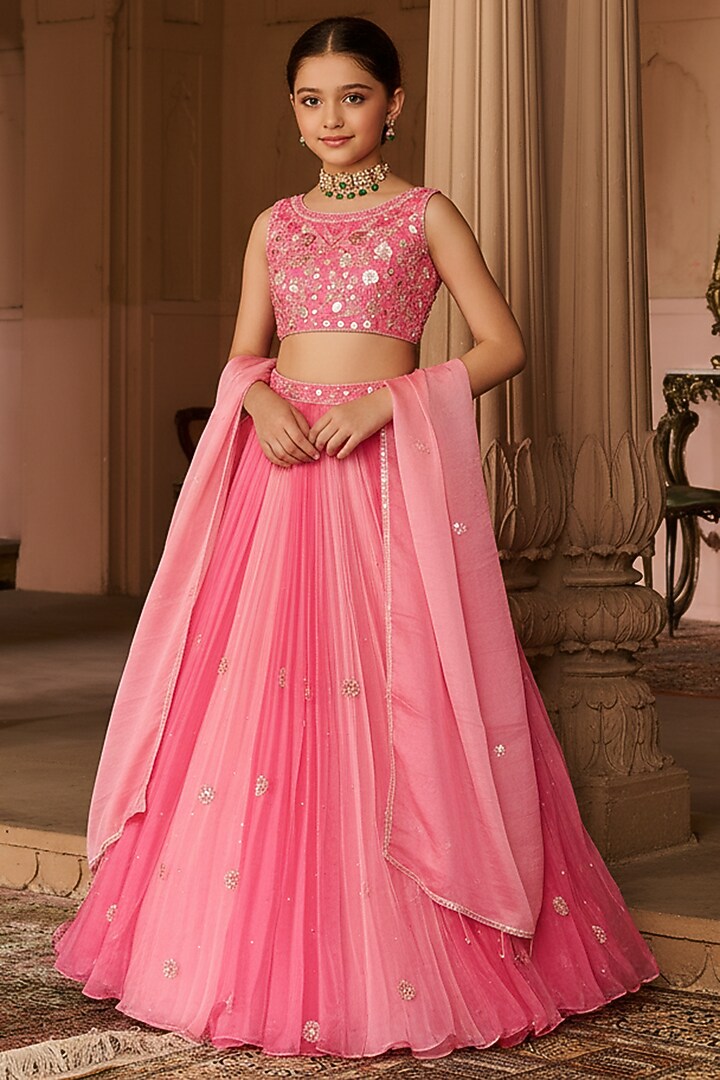 Pink Ombre Pure Silk Organza Hand Embroidered Pleated Lehenga Set For Girls by Zoon Tribe Kids at Pernia's Pop Up Shop