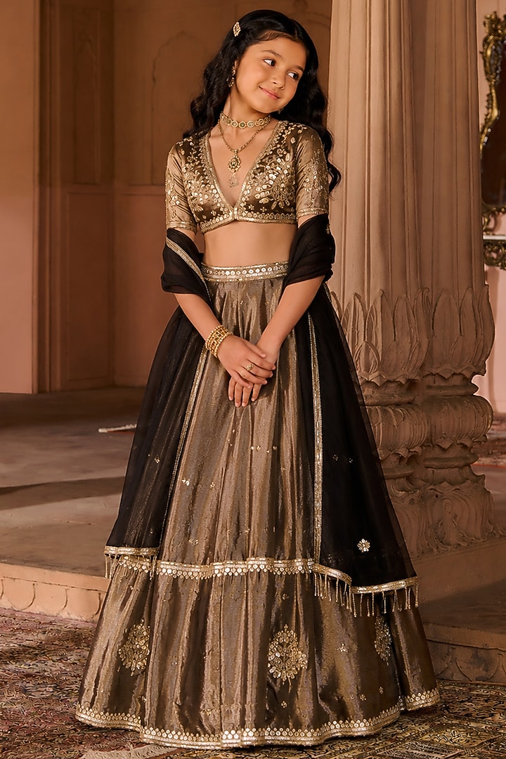 Copper Tissue Aari Embroidered Lehenga Set For Girls by Zoon Tribe Kids at Pernia's Pop Up Shop