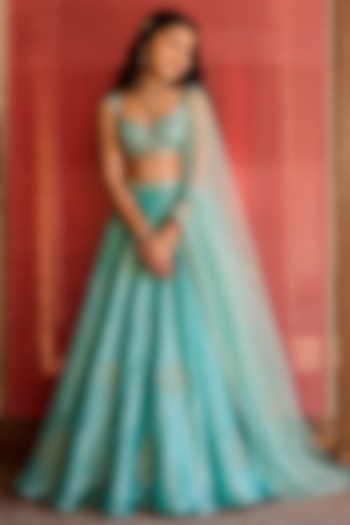 Turquoise Blue Tissue Aari & Mirror Embroidered Lehenga Set For Girls by Zoon Tribe Kids at Pernia's Pop Up Shop