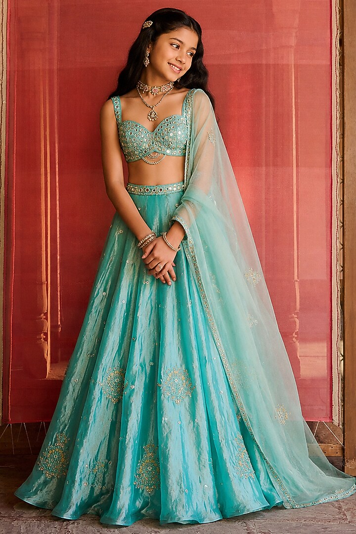 Turquoise Blue Tissue Aari & Mirror Embroidered Lehenga Set For Girls by Zoon Tribe Kids at Pernia's Pop Up Shop