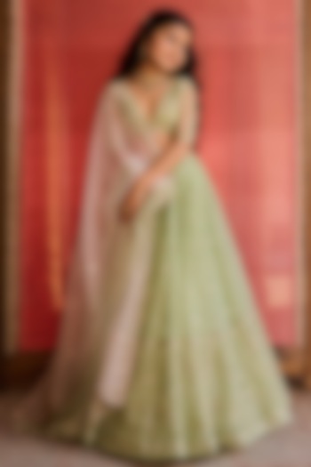 Light Green Silk Organza Aari Embroidered Lehenga Set For Girls by Zoon Tribe Kids at Pernia's Pop Up Shop