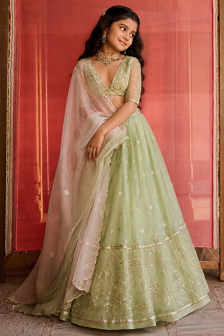 Light Green Silk Organza Aari Embroidered Lehenga Set For Girls by Zoon Tribe Kids at Pernia's Pop Up Shop