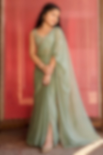 Sage Green Georgette Aari Embroidered Pre-Stitched Saree Set For Girls by Zoon Tribe Kids at Pernia's Pop Up Shop