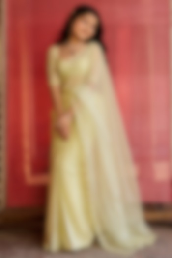 Lime Satin & Organza Aari Embroidered Pre-Stitched Saree Set For Girls by Zoon Tribe Kids at Pernia's Pop Up Shop