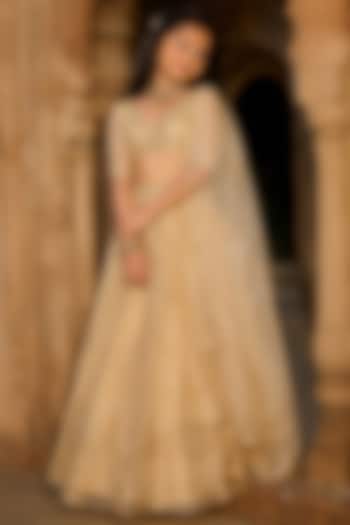 Gold Silk Tissue Aari & Mirror Embroidered Lehenga Set For Girls by Zoon Tribe Kids at Pernia's Pop Up Shop