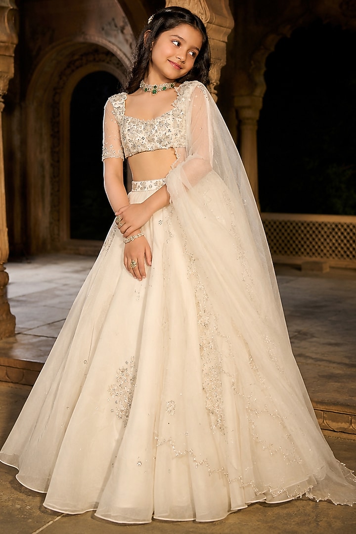 Ivory Silk Organza Aari & Mirror Embroidered Lehenga Set For Girls by Zoon Tribe Kids at Pernia's Pop Up Shop