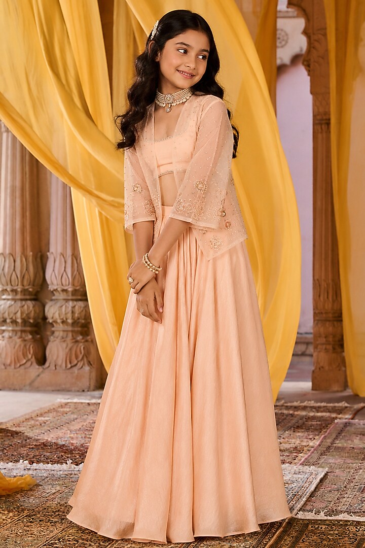 Peach Satin & Net Aari Embroidered Jacket Set For Girls by Zoon Tribe Kids at Pernia's Pop Up Shop