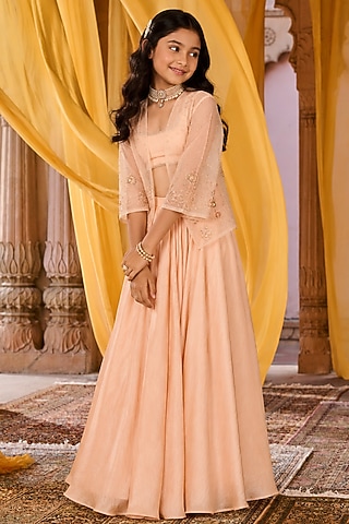 Peach Satin & Net Aari Embroidered Jacket Set For Girls by Zoon Tribe Kids