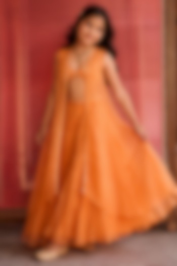 Orange Organza Aari Embroidered Jacket Set For Girls by Zoon Tribe Kids at Pernia's Pop Up Shop