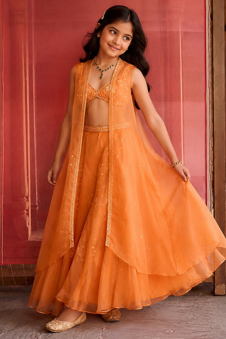 Orange Organza Aari Embroidered Jacket Set For Girls by Zoon Tribe Kids at Pernia's Pop Up Shop