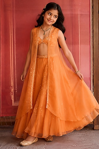 Orange Organza Aari Embroidered Jacket Set For Girls by Zoon Tribe Kids