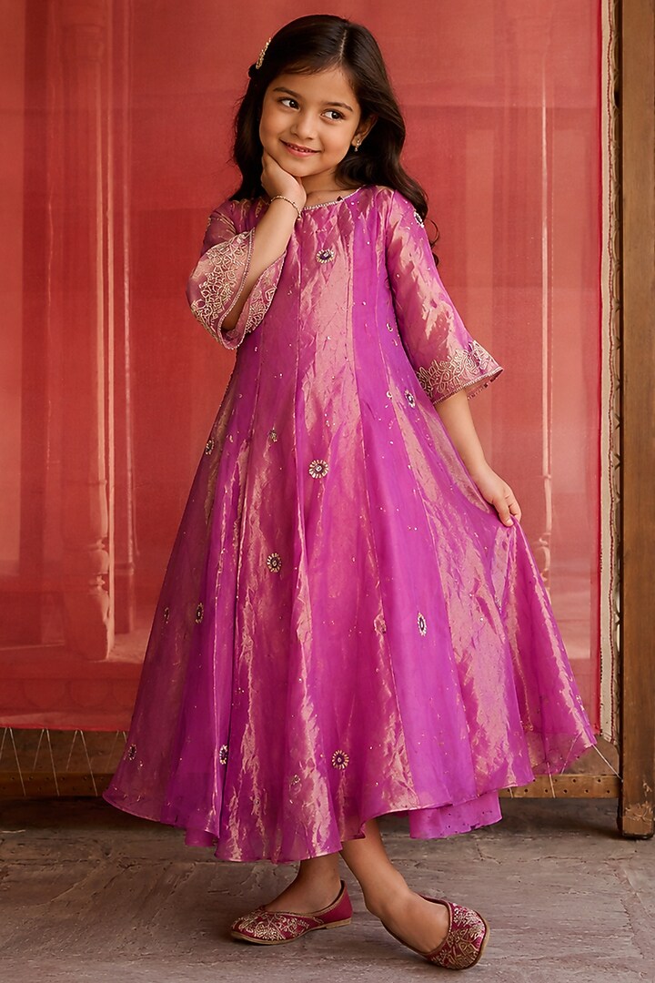 Purple Silk Tissue Aari Embroidered Kurta Set For Girls by Zoon Tribe Kids at Pernia's Pop Up Shop
