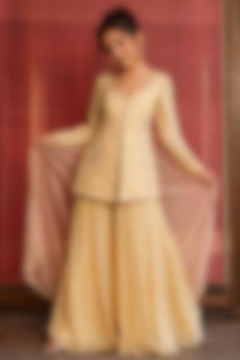 Butter Yellow Satin Organza Aari Embroidered Sharara Set For Girls by Zoon Tribe Kids at Pernia's Pop Up Shop