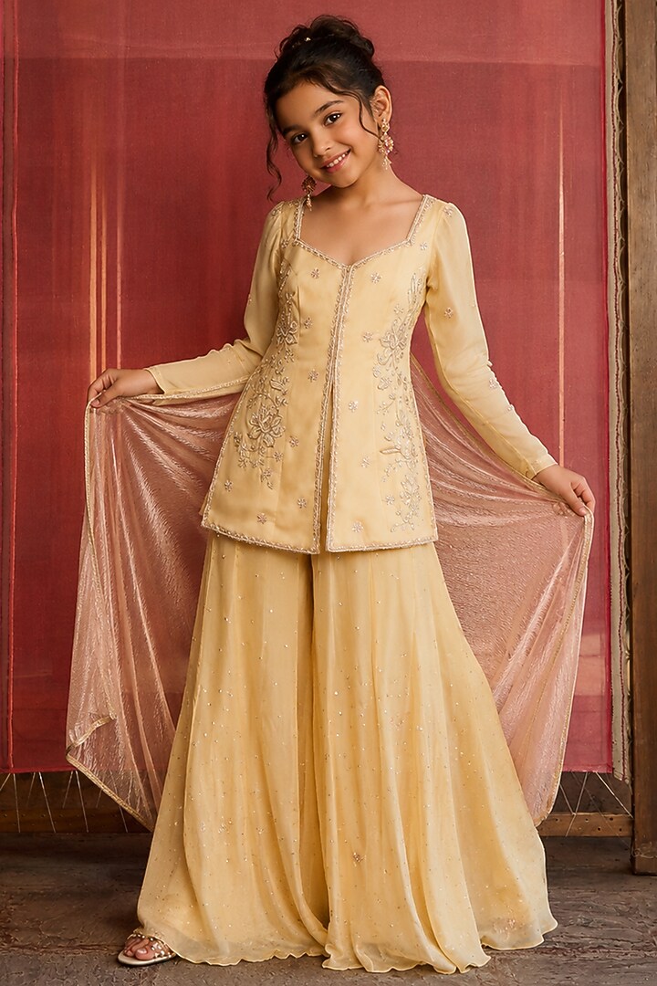 Butter Yellow Satin Organza Aari Embroidered Sharara Set For Girls by Zoon Tribe Kids at Pernia's Pop Up Shop