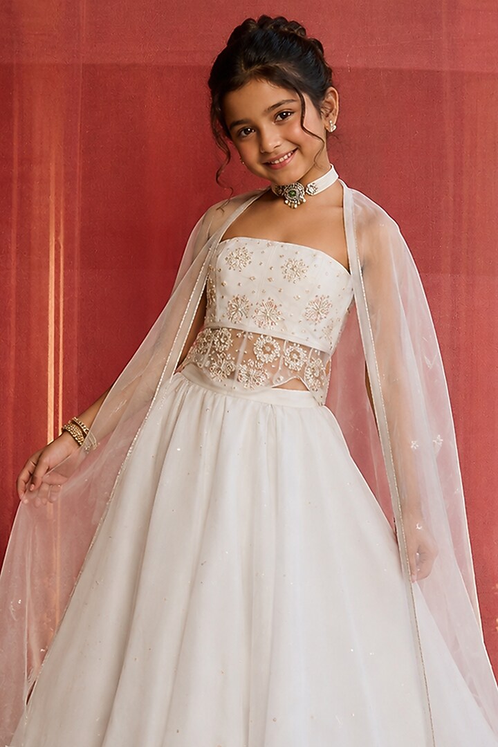 Cloud Blue Organza Embroidered Box-Pleated Skirt Set For Girls by Zoon Tribe Kids at Pernia's Pop Up Shop