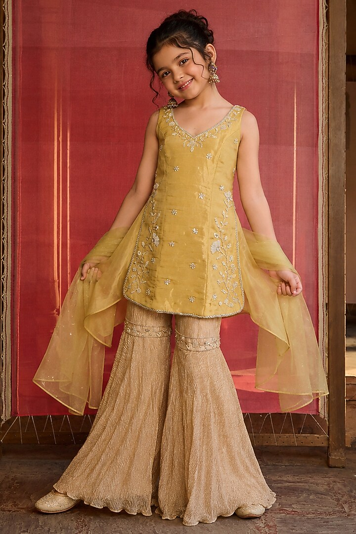 Muted Lime Silk Tissue Aari Embroidered Sharara Set For Girls by Zoon Tribe Kids at Pernia's Pop Up Shop