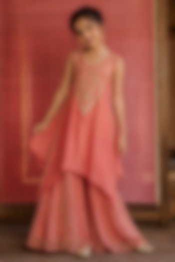 Coral Foil Georgette Aari & Mirror Embroidered Kurta Set For Girls by Zoon Tribe Kids at Pernia's Pop Up Shop