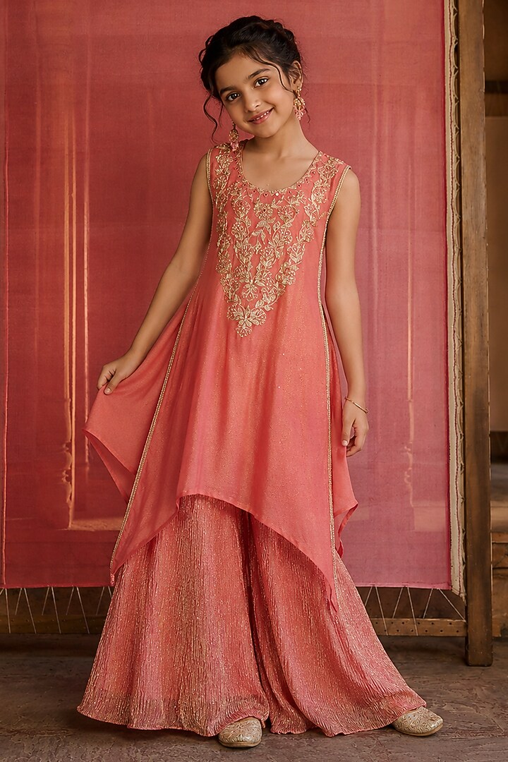 Coral Foil Georgette Aari & Mirror Embroidered Kurta Set For Girls by Zoon Tribe Kids at Pernia's Pop Up Shop