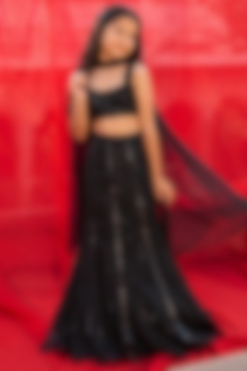 Midnight Black Soft Georgette Aari Embroidered Fish-Cut Lehenga Set For Girls by Zoon Tribe Kids at Pernia's Pop Up Shop