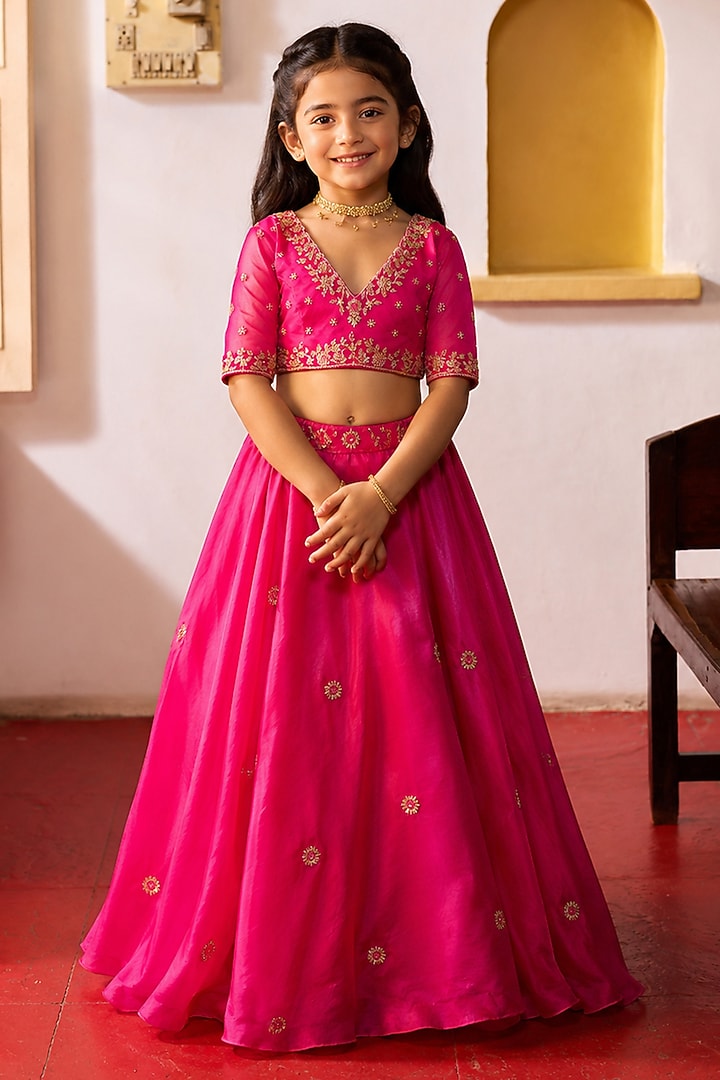 Rani Pink Pure Silk Organza Hand Embroidered Lehenga Set For Girls by Zoon Tribe Kids at Pernia's Pop Up Shop