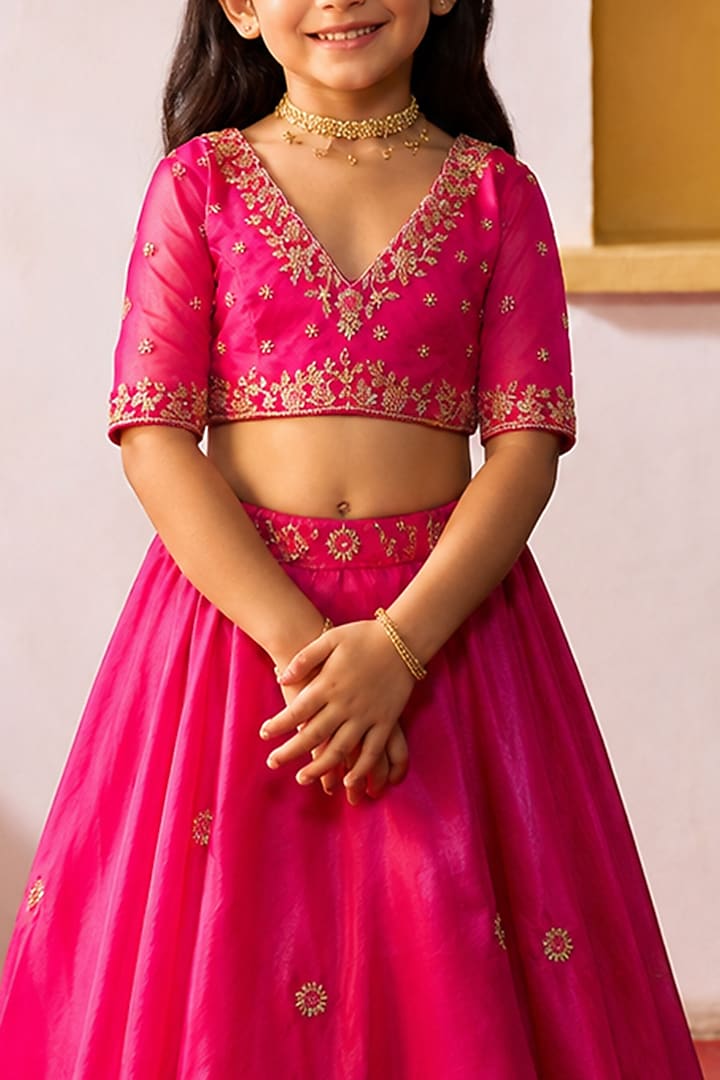 Rani Pink Pure Silk Organza Hand Embroidered Lehenga Set For Girls by Zoon Tribe Kids at Pernia's Pop Up Shop