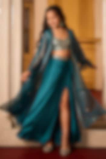 Teal Satin Hand Embellished Skirt Set For Girls by Zoon Tribe Kids at Pernia's Pop Up Shop