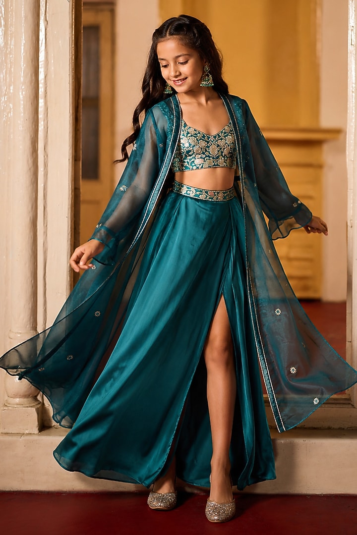 Teal Satin Hand Embellished Skirt Set For Girls by Zoon Tribe Kids at Pernia's Pop Up Shop
