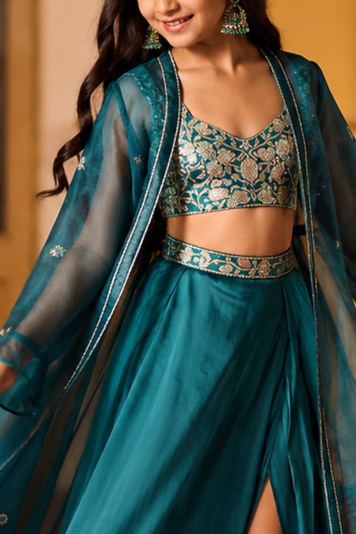 Teal Satin Hand Embellished Skirt Set For Girls by Zoon Tribe Kids at Pernia's Pop Up Shop